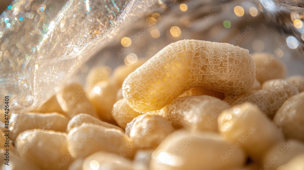 Aufkleber detailed view of silk cocoons with a shimmering bokeh background, highlighting the intricate texture