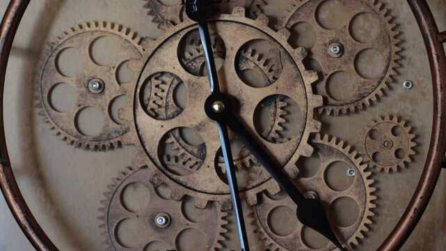 Close-up of the rotating gears of a wall clock.