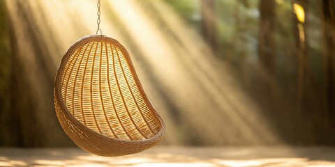 Fototapeta premium Eco-Friendly Handmade Rattan Hanging Chair for Relaxation in Serene Forest Environment