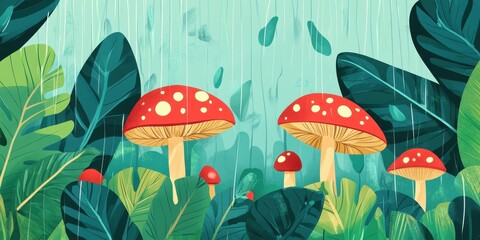 Rain Showering Red Mushrooms Among Lush Green Leaves