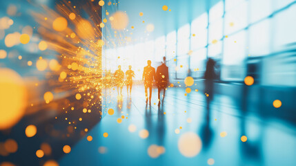 Group of business people silhouettes in modern office building and business network concept. Human resources with pastel innovation charts and graphs with statistics to analyze business