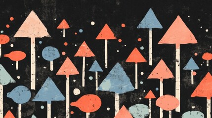 Abstract Geometric Forest Scene with Colorful Triangles and Circles Against a Dark Background