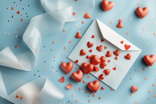 A Valentine's Day greeting concept featuring a white envelope slightly open with small red hearts spilling out onto a soft pastel blue background - Powered by Adobe