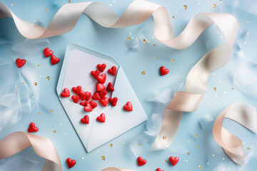 A Valentine's Day greeting concept featuring a white envelope slightly open with small red hearts spilling out onto a soft pastel blue background