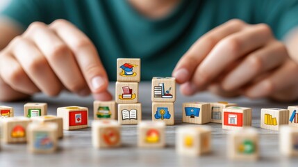 Child's Hands Stacking Colorful Educational Blocks During Playtime at Home