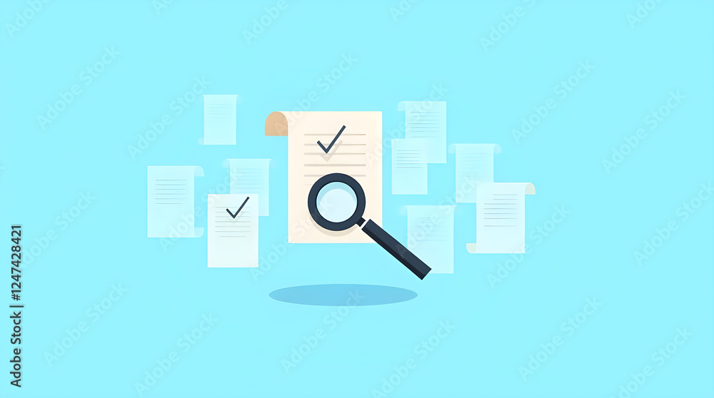 Poster document review checklist illustration: magnifying glass inspecting paper with check marks on blue b