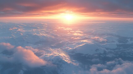 Aerial sunset over snowy mountains, cloudscape background, travel poster