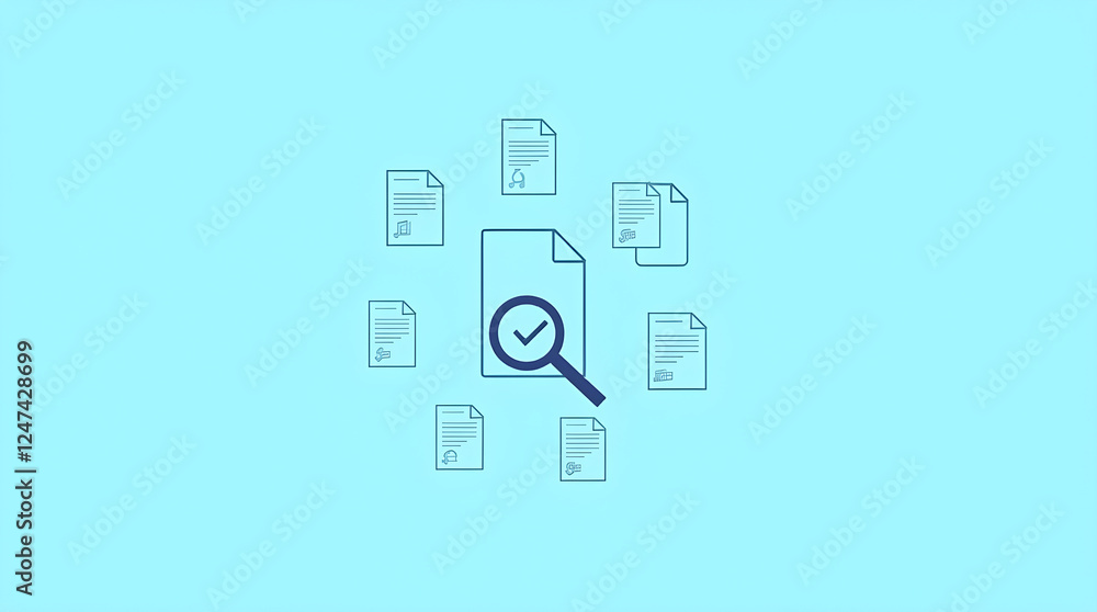 Poster document verification concept: magnifying glass inspecting paper with checkmark icon, flat vector il