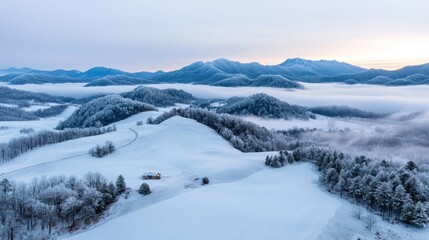 Fototapeta premium Winter sunrise over snowy mountain valley, cabin in foreground
