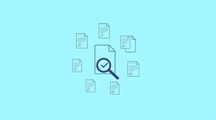 Document Verification Concept: Magnifying Glass Inspecting Paper with Checkmark Icon, Flat Vector Illustration on Light Blue Background for Data Analysis