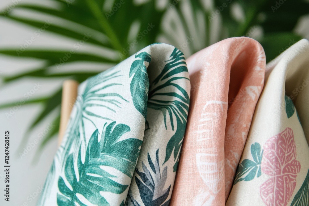 Leinwandbilder tropical patterns in light summer fabrics displayed on a rack in a bright indoor setting surrounded 