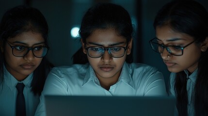 Indian young businesspeople gathered at a desk, collaborating in a group meeting, focused on a laptop screen, vibrant expressions of teamwork and professionalism in a modern office setting