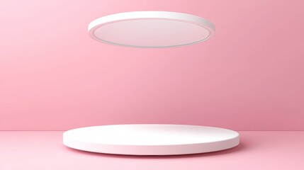 Floating Circular Platform in a Minimalist Setting with a Soft Pink Background for Product Display