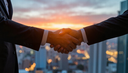 Business partners sealing deal with handshake at sunset, success