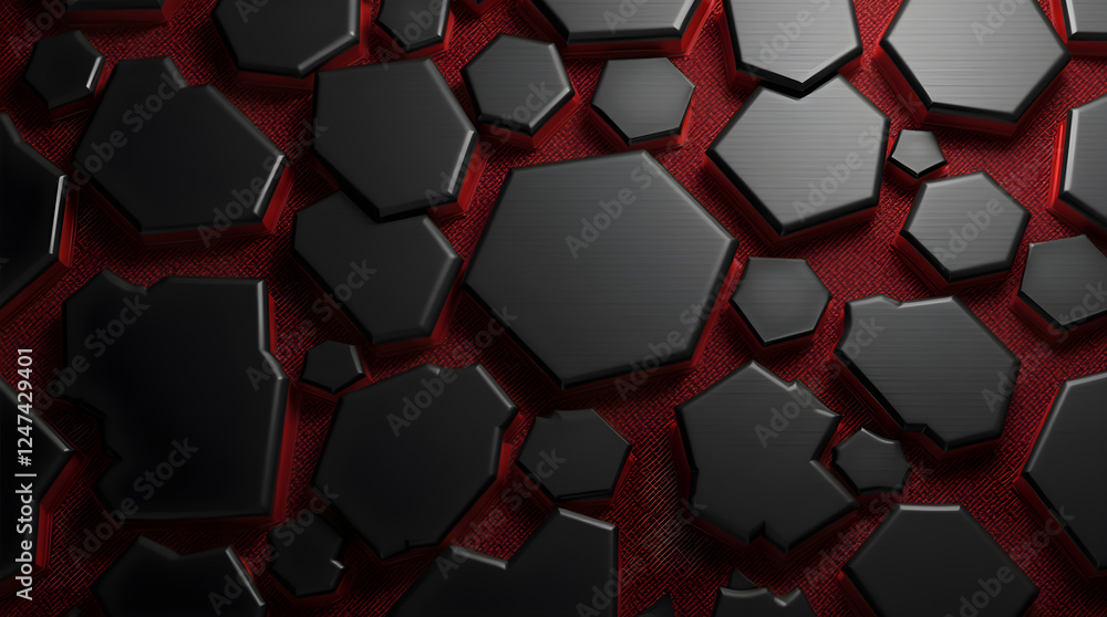 Poster abstract dark hexagon pattern background: modern 3d render of black hexagons on red, geometric desig