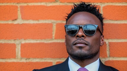 Fototapeta premium Man in suit, sunglasses, brick wall background