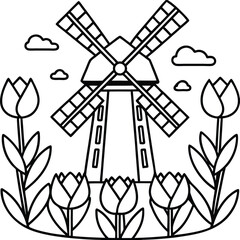 Black and White Illustration of a Dutch Windmill and Tulips