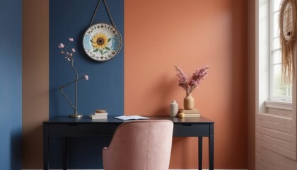 A thoughtfully arranged workspace features a black desk adorned with books and a vase, complemented by vibrant blue and orange walls