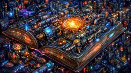 Giant Open Book Illuminated With Glowing Cities and Futuristic Urban Landscape at Night