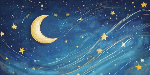 Naklejka premium Whimsical crescent moon shines brightly amid golden stars in sky