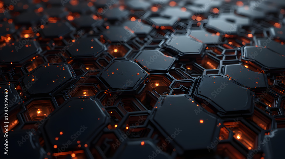 Poster abstract dark hexagon grid background with orange glowing lights | futuristic technology design | hi