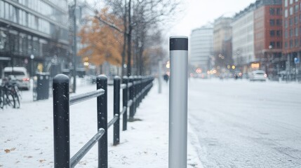Snowy city street, pedestrian railing, blurred background, winter urban scene