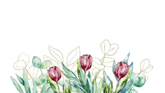 Watercolor leaves background and tulips flowers animation grow moving minimal decoration botanical ecological cosmetic wedding invitation spring summer plants