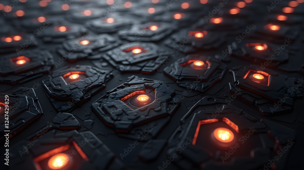 Poster futuristic dark hexagonal tiles with glowing orange centers | sci-fi texture background | abstract t
