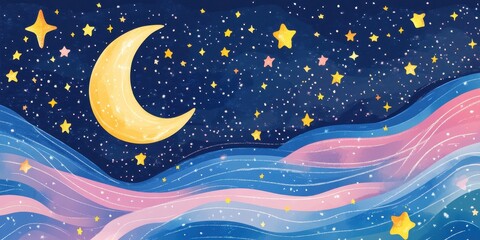 Naklejka premium Illustration depicts crescent moon stars and pastel colored waves