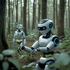 Robotic Journey Through Forest,Robots Roaming Green Forest,Exploring Forest with Robots,
Green Forest Robot Wanderers
