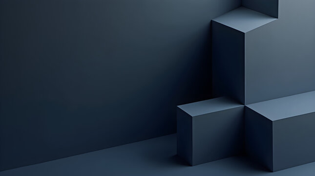 Abstract 3D Blue Geometric Shapes: Modern Minimalist Design, Dark Blue Cubes, Architectural Background, Contemporary Art, Low Key Lighting