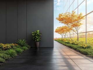 Modern Building Design: Walkway with Plants & Autumn Trees, Sunlight