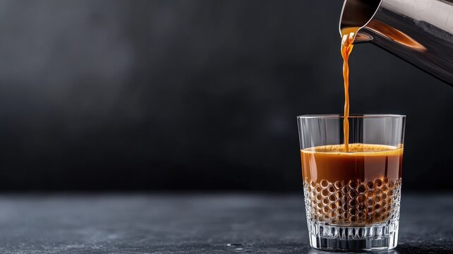 Pouring dark beverage into glass with textured bottom