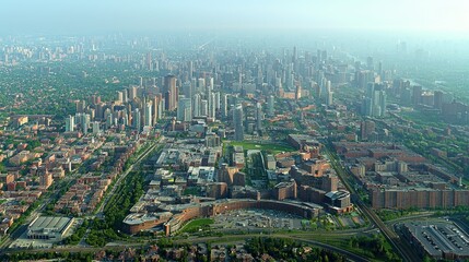 Obraz premium Aerial view Cityscape, urban sprawl, hazy morning, campus in foreground