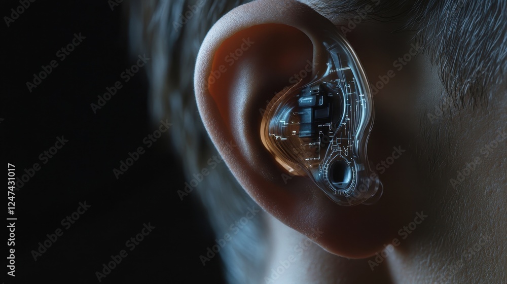 Aufkleber close up of a human ear with advanced digital circuitry embedded, symbolizing the integration of tec