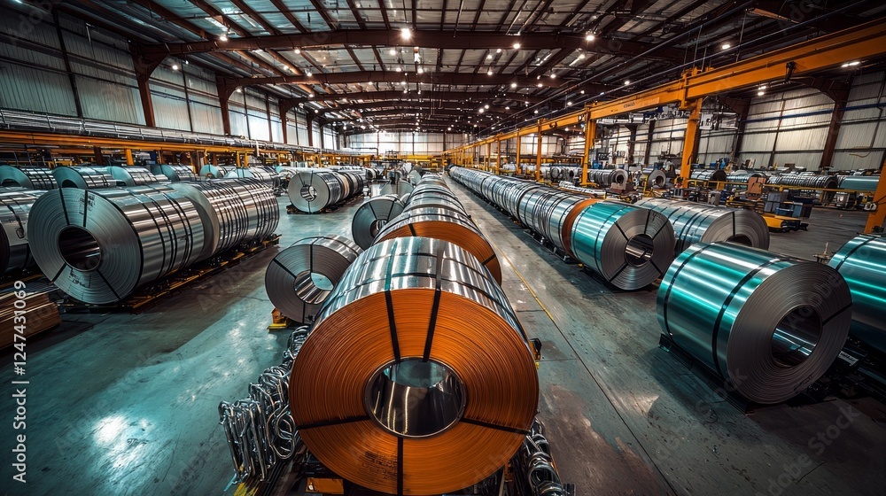 Poster in a vast manufacturing facility, rows of large steel rolls are organized neatly, reflecting the bri
