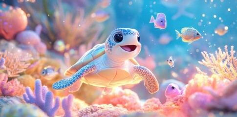 Cheerful baby sea turtle swims among colorful coral reef