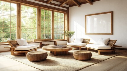 Spacious and Inviting Living Room with Natural Wood Elements and Abundant Sunlight