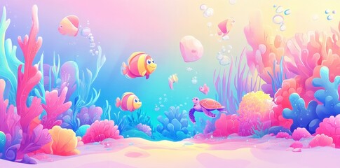 Colorful cartoon coral reef scene with fish and turtle