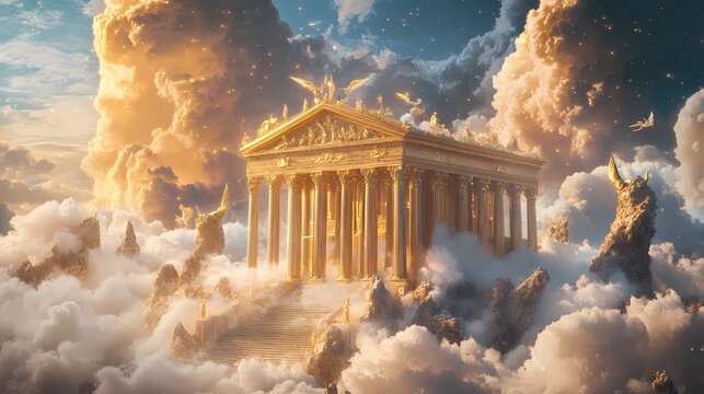 Fantastical palace atop mount olympus ethereal clouds majestic columns shimmering golden details mythical creatures otherworldly atmosphere. Celestial Mythology. Illustration