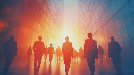 Fototapeta premium Group of business people silhouettes in modern office building and business network concept. Human resources with pastel innovation charts and graphs with statistics to analyze business 