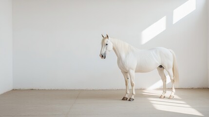 Majestic white horse inside a minimalistic stable with white walls, looking calm and elegant, captured in a peaceful and clean setting