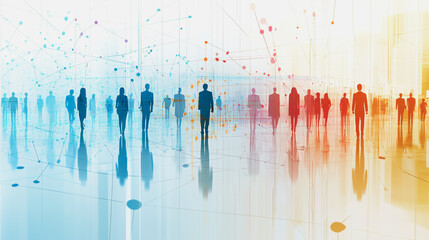 Group of business people silhouettes in modern office building and business network concept. Human resources with pastel innovation charts and graphs with statistics to analyze business	