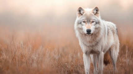 Obraz premium Majestic wolf in autumn field, misty background, wildlife photography, nature calendar