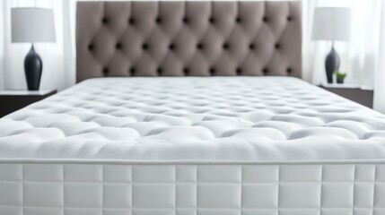 Comfortable white mattress on bed with tufted headboard in modern bedroom with soft lighting