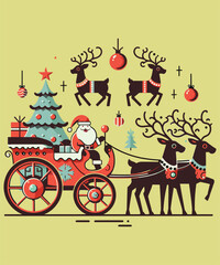 Chariot With Santa And Deers in Christmas Theme.