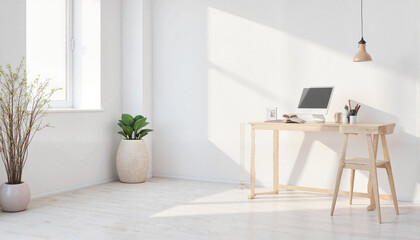 Serene minimalist tech workspace in bright modern room, productivity boost