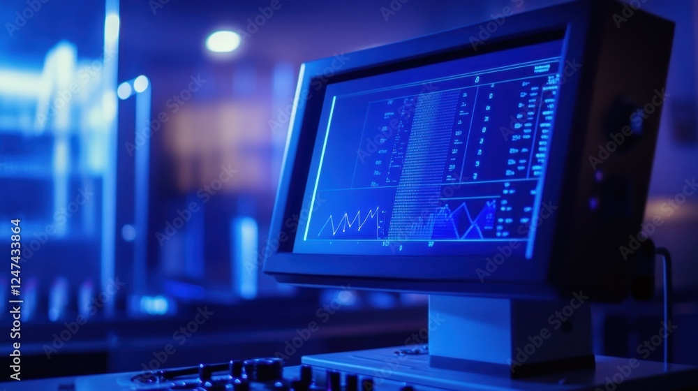 Poster high tech laboratory screen displays complex data and graphs. the blue lit environment emphasizes a 