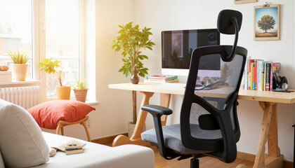 Ergonomic chair in cozy home office, enhancing productivity