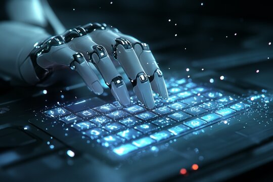 A robotic hand with ultra-modern AI-driven design types on a futuristic holographic keyboard. Generative AI